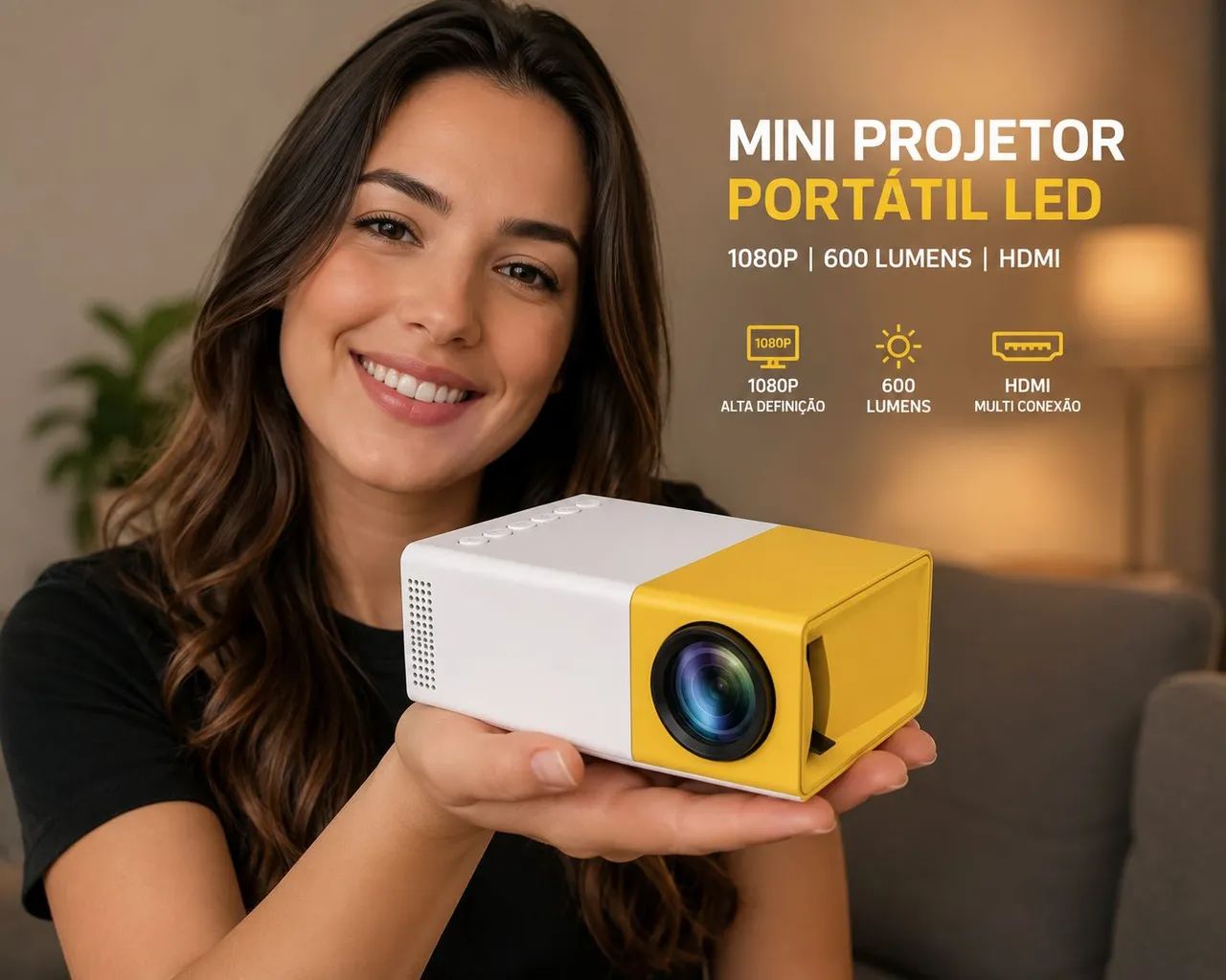 AMARELO/BRANCO - mini projetor portátil led 1080p com saída  HDMI- 600 lumens - Foto 2