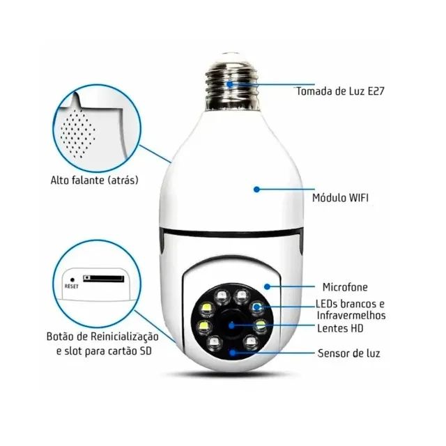 Câmera Lâmpada De Segurança 360° Wi-fi IP66 Soquete E27 Visão Noturna Branco - Foto 2