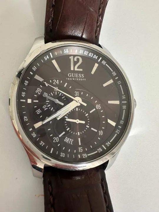 RELÓGIO GUESS MASCULINO, AÇO + COURO (EXCELENTE ESTADO)