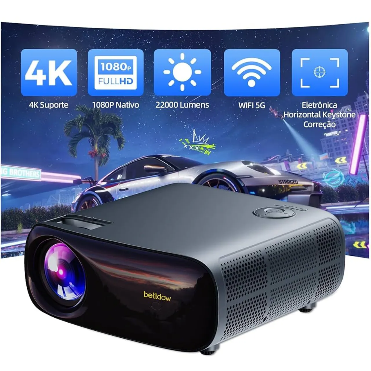 Projetor Portátil 4K Full HD 1080p 2200 Lumens