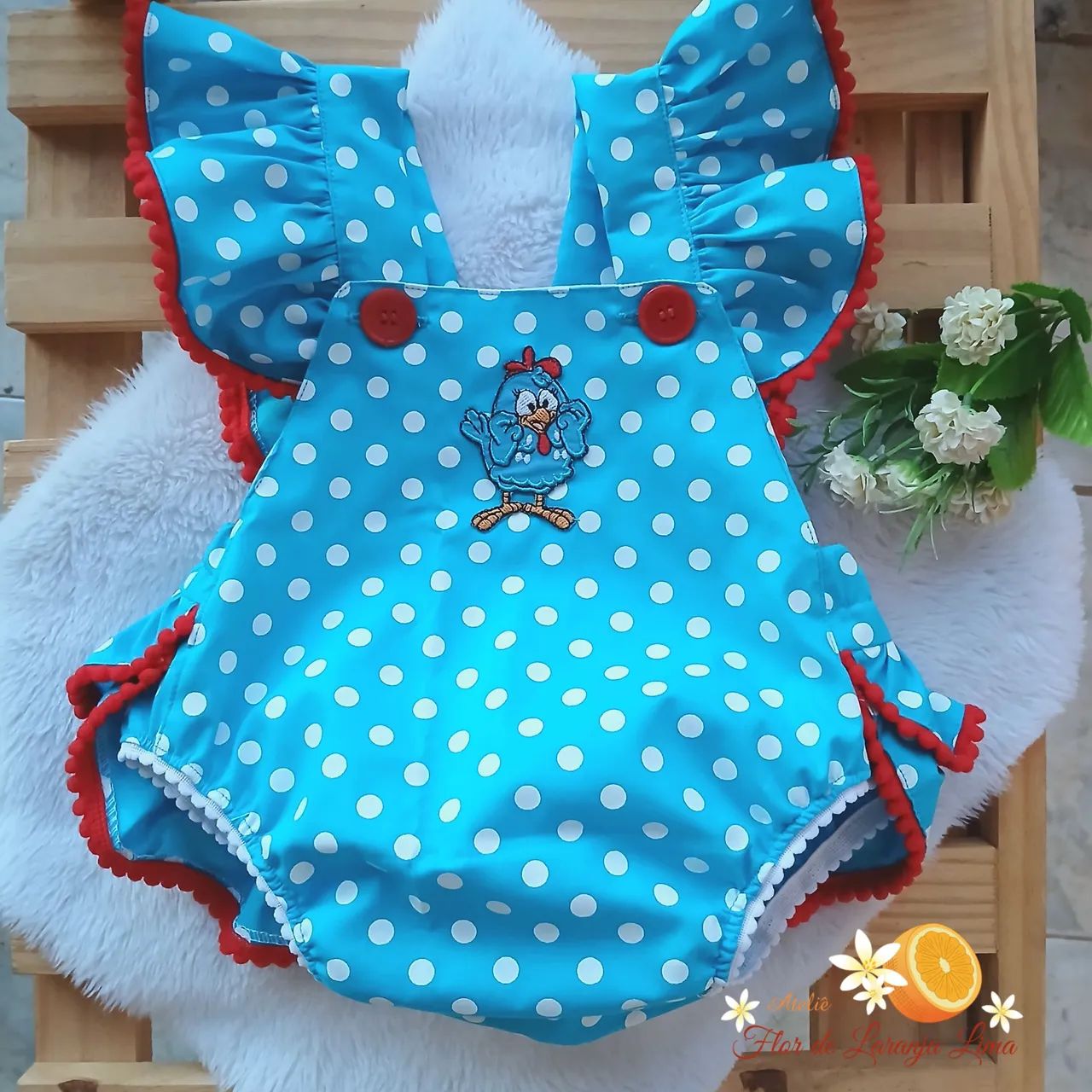 Romper Galinha Pintadinha - Azul com vermelho 