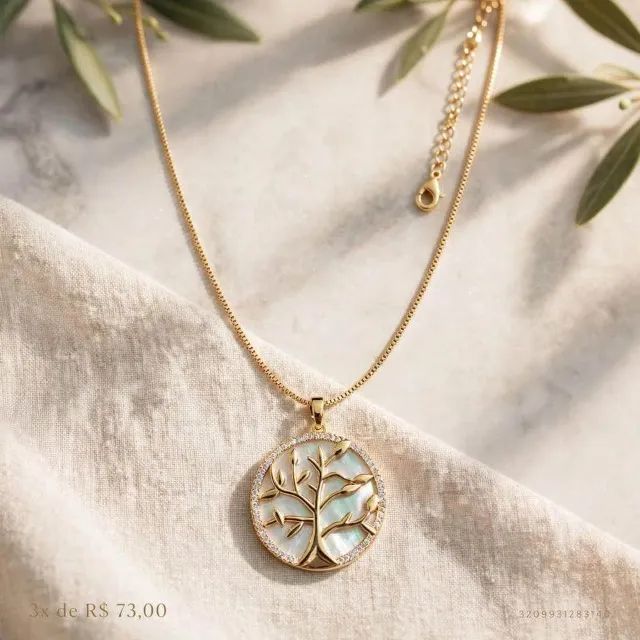 Colar Árvore da Vida Madrepérola Dourado - Medalha Pavê