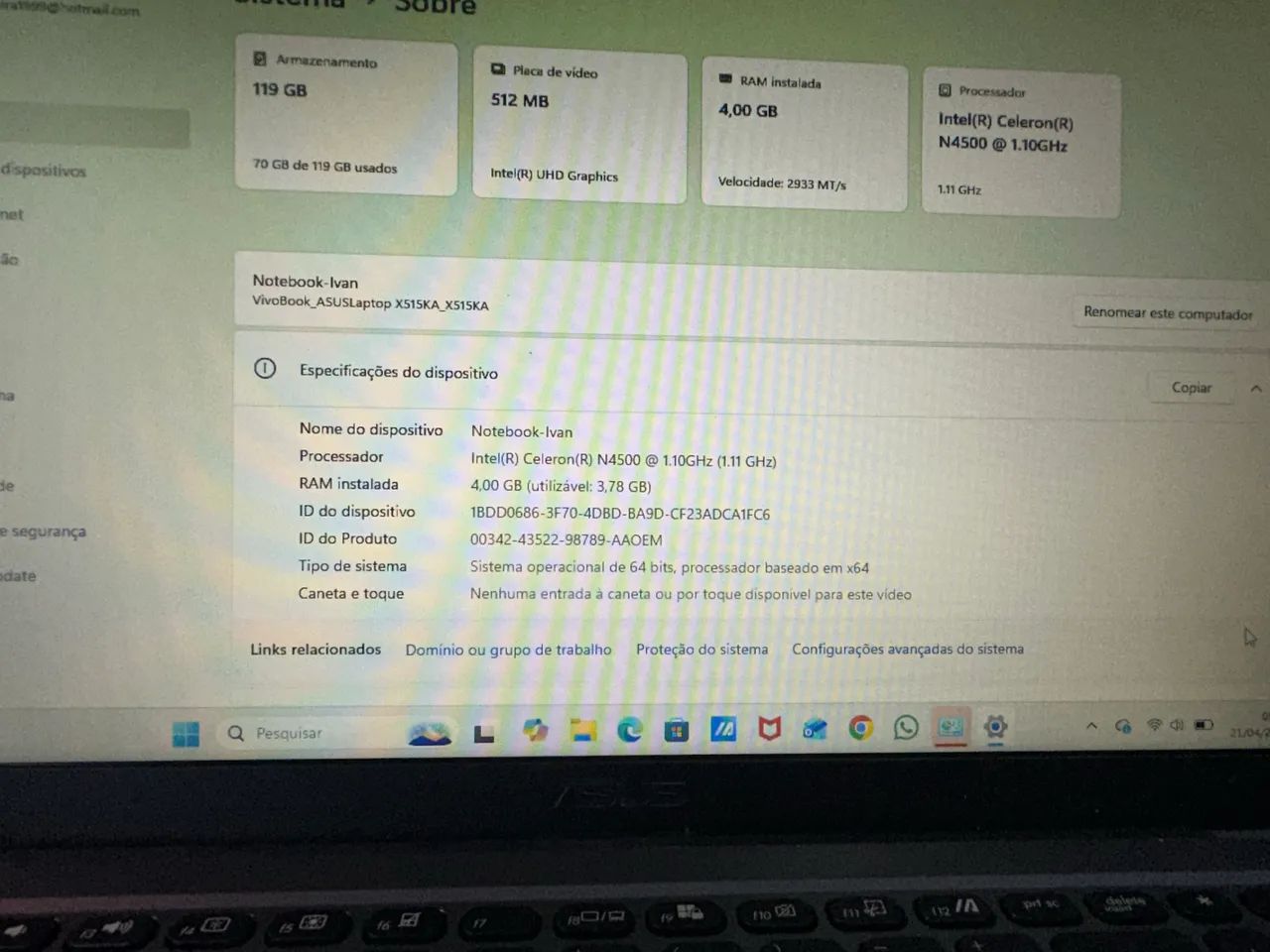 ASUS VivoBook Intel Celeron 4GB SSD 119GB - Ótimo Estado - Foto 3