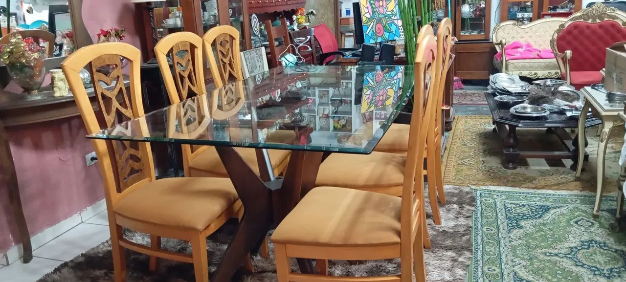 Mesa com tampo de vidro bisotê grosso e 6 cadeiras - Foto 5