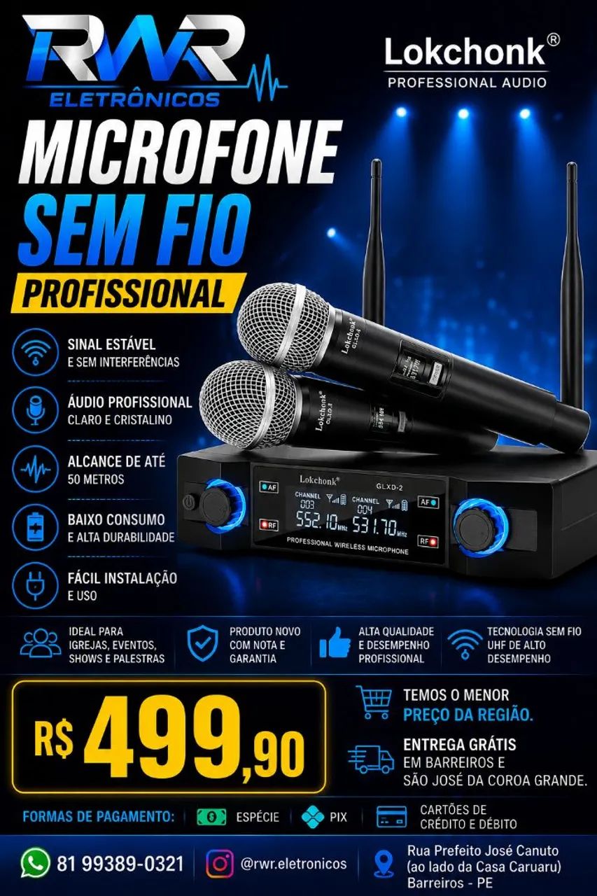 Microfone Sem fio Profissional (RWR SOM) - Foto 4