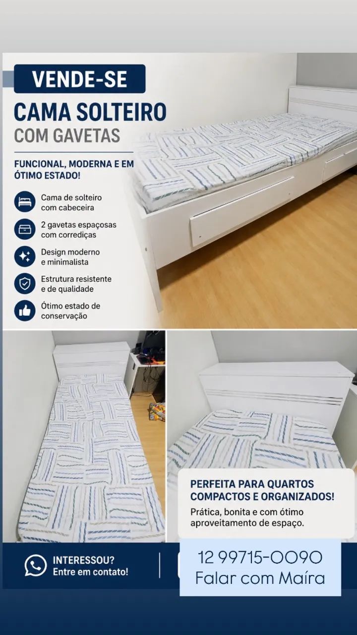 Cama de solteiro com baú e gaveta