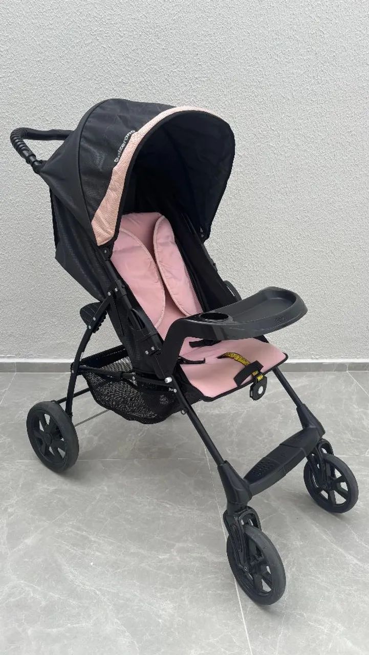 Carrinho de Bebê Romano Preto e Rosa - Galzerano