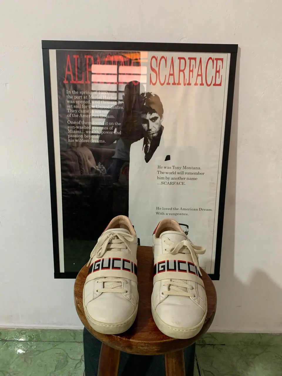 ? Gucci Ace Stripe em couro off-white  ? 