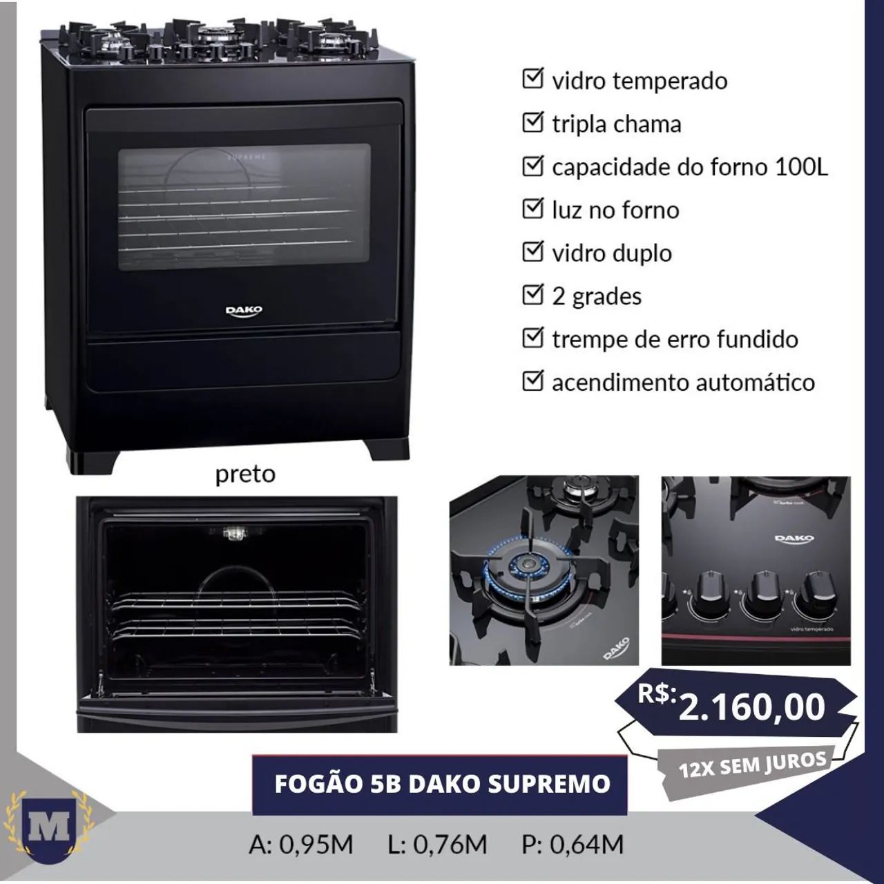 Fogão 5 Bocas Dako Supremo - Preto
