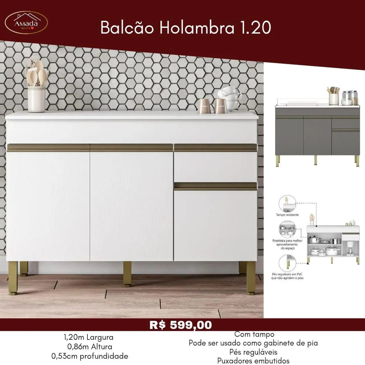 Balcão Holambra 1.20 - entrega em 3 Dias 