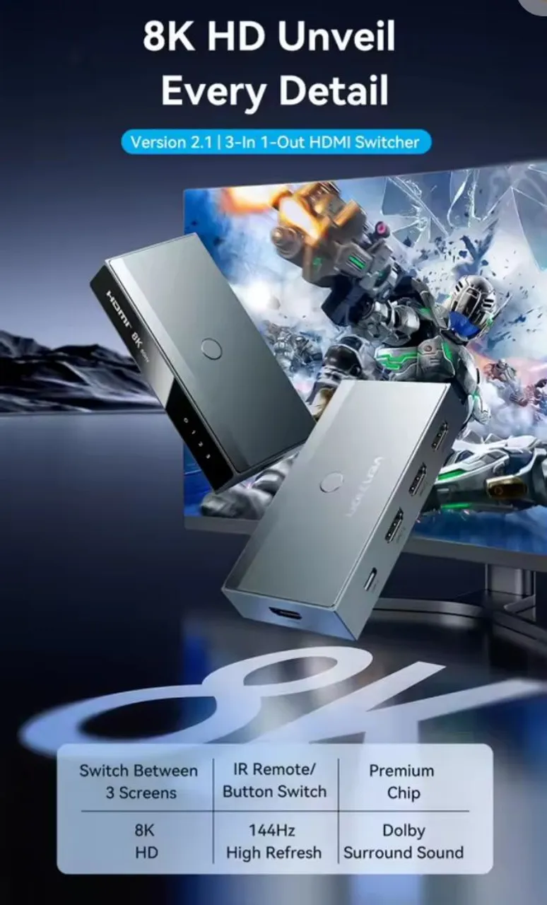 Switch HDMI 8K 3x1 - 3 entradas 1 saída - Alta definição