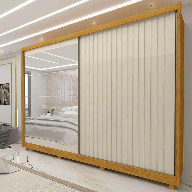 Roupeiro Apolo Ripado 2P com Espelho e Pes Naturale.Off White Gelius