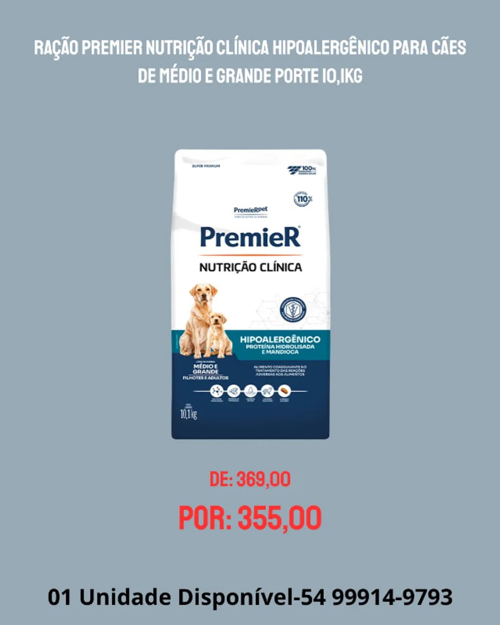 Ração Premier Nutrição Clínica Hipoalergênico para Cães de Médio e Grande Porte 10,1kg