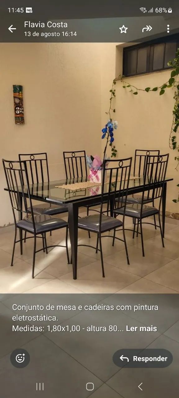 Mesa vidro com 6 cadeiras metal 