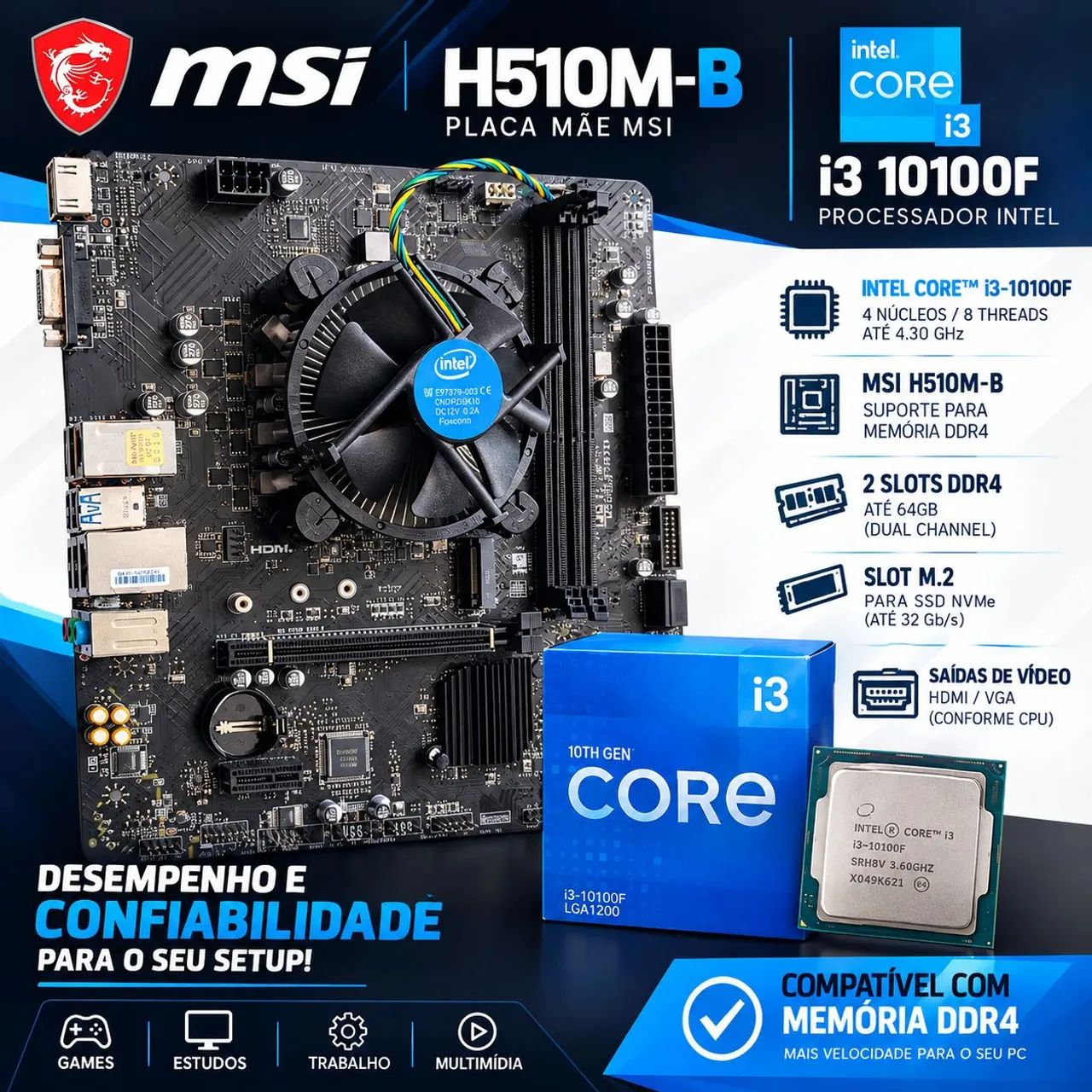 I3 10100f + placa mãe h510m-b MSI