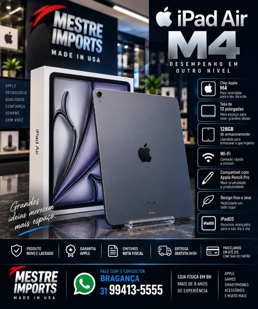 iPad Air M4 13 Polegadas 128GB Wi-Fi Space Gray Novo Lacrado