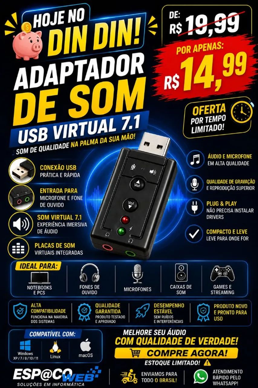 Adaptador de Som USB 7.1 Virtual para PC e Notebook - Plug & Play