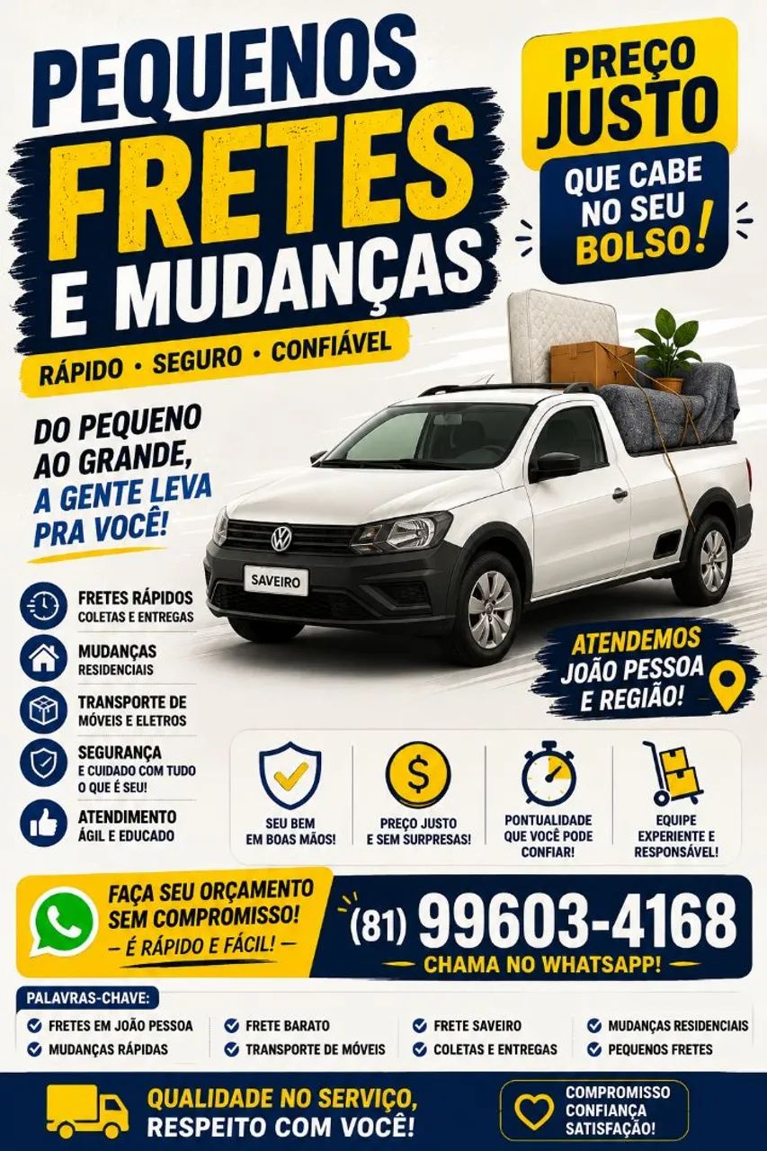 Fretes e Mudanças | Saveiro | Coletas, Entregas e Transporte em João Pessoa