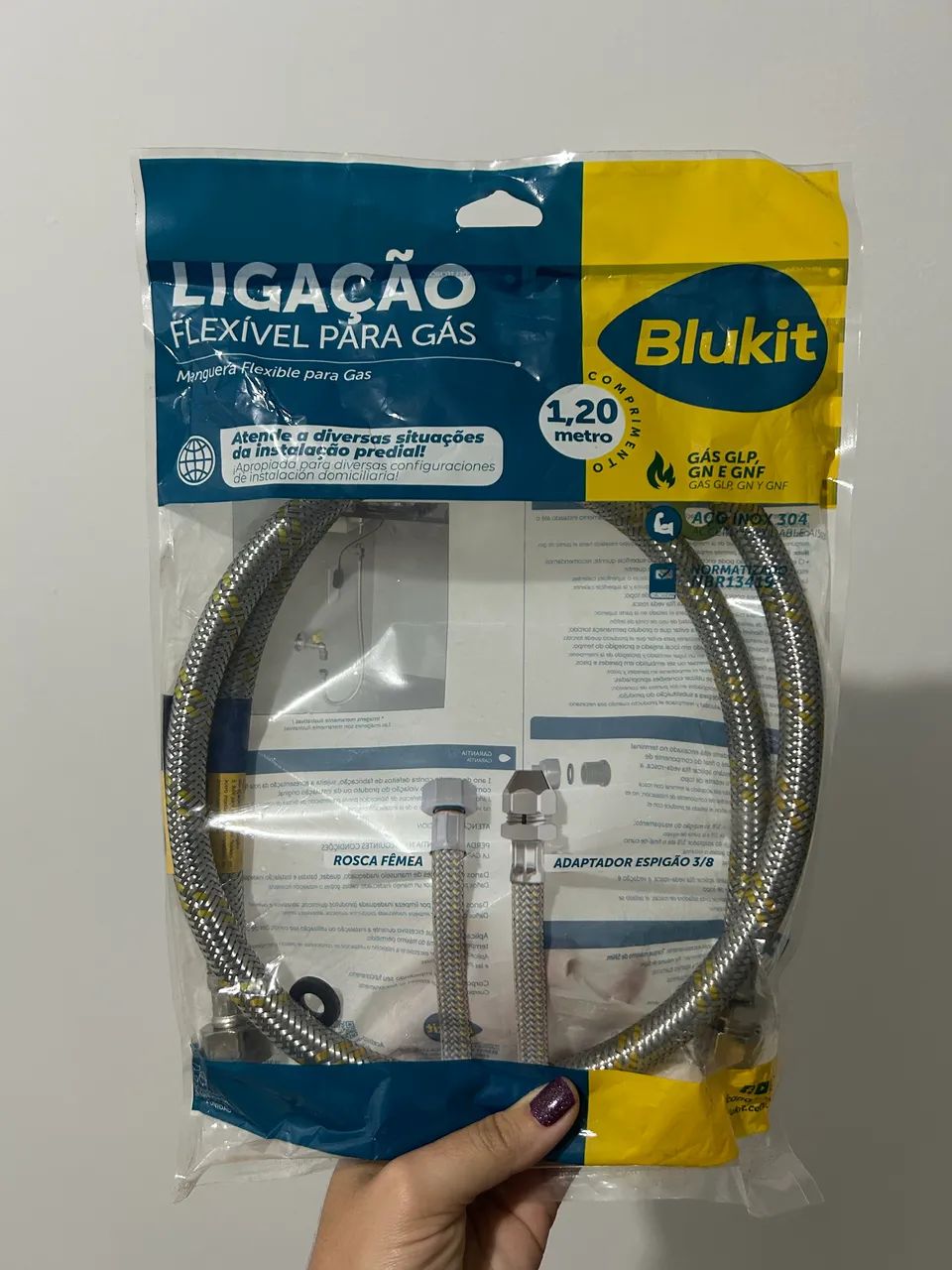 Ligação Flexível para Gás Blukit 1,20m - Aço Inox - GLP, GN e GNF