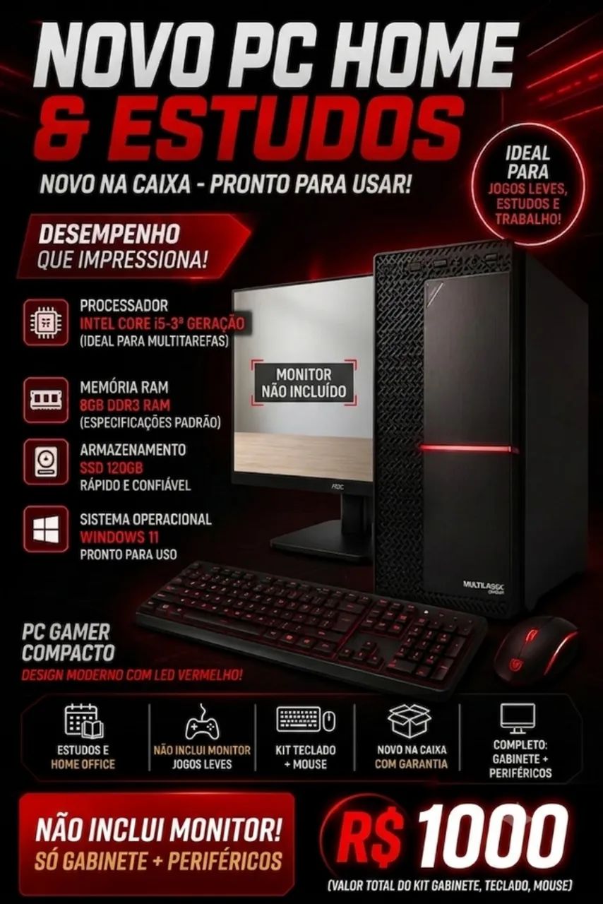 PC Novo Intel i5 8GB RAM SSD 120GB Windows 11 + Teclado e Mouse