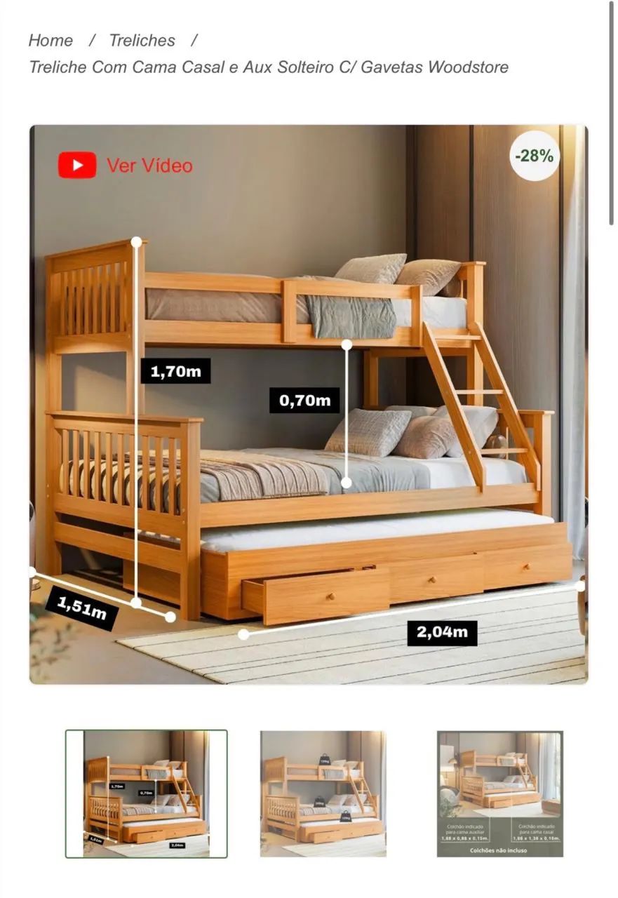 Treliche Com Cama Casal e Aux Solteiro C/ Gavetas Woodstore - Foto 4