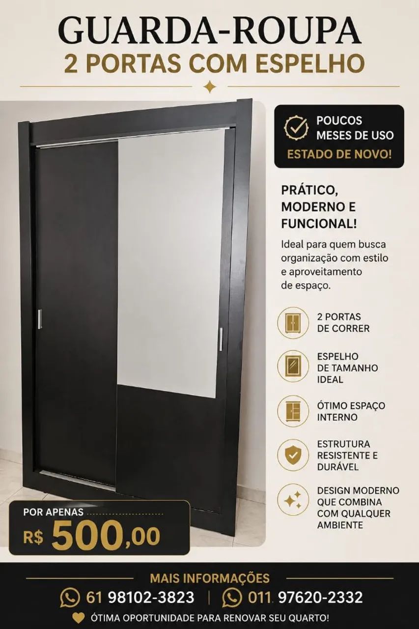 Guarda roupa 2 portas com espelho