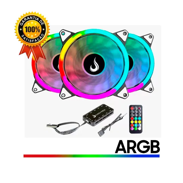 Cooler 3 Unidades, ARGB, Preto + Controladora + Controle