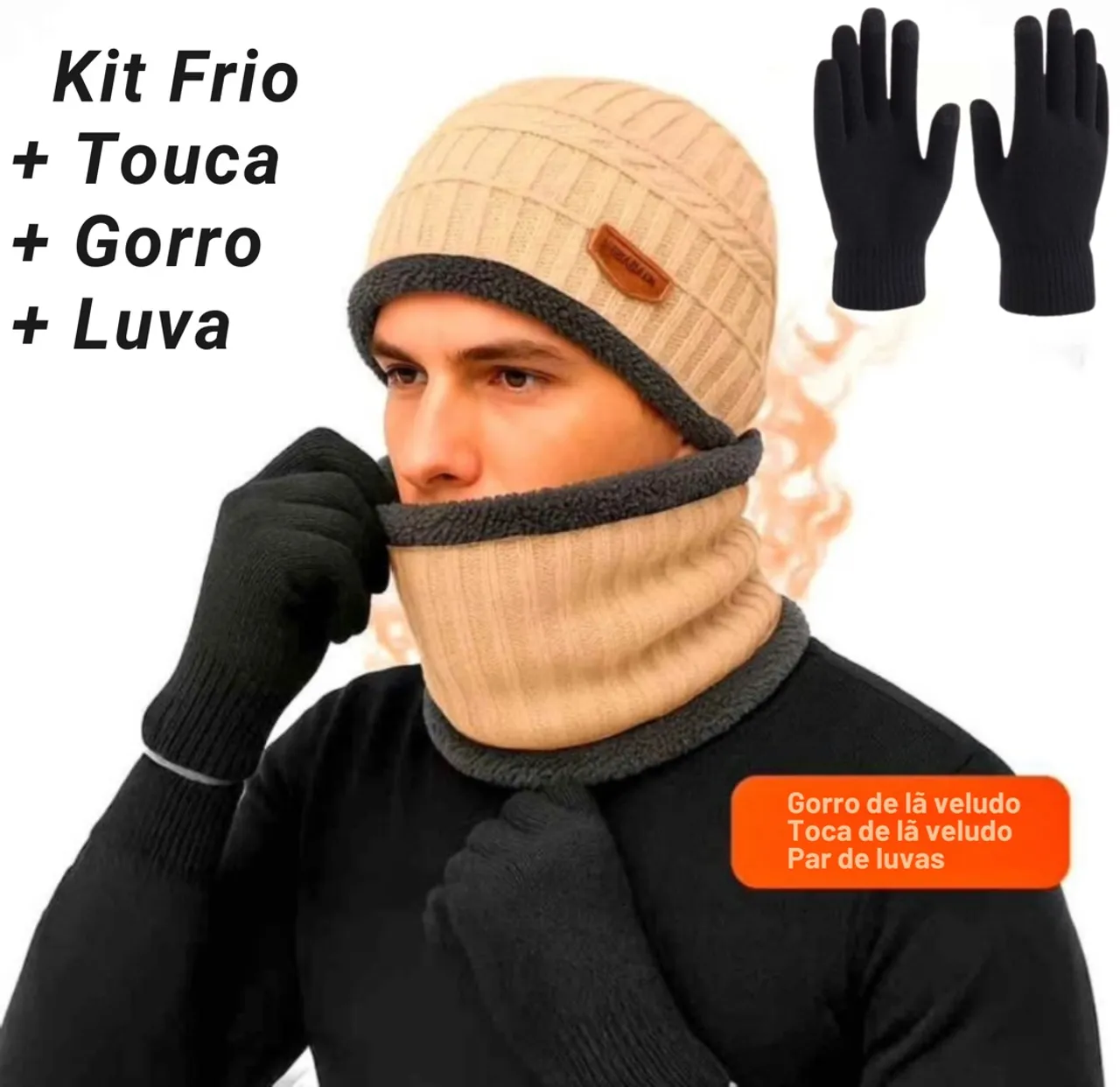 Kit Frio Touca Gorro Luva de Lã Veludo