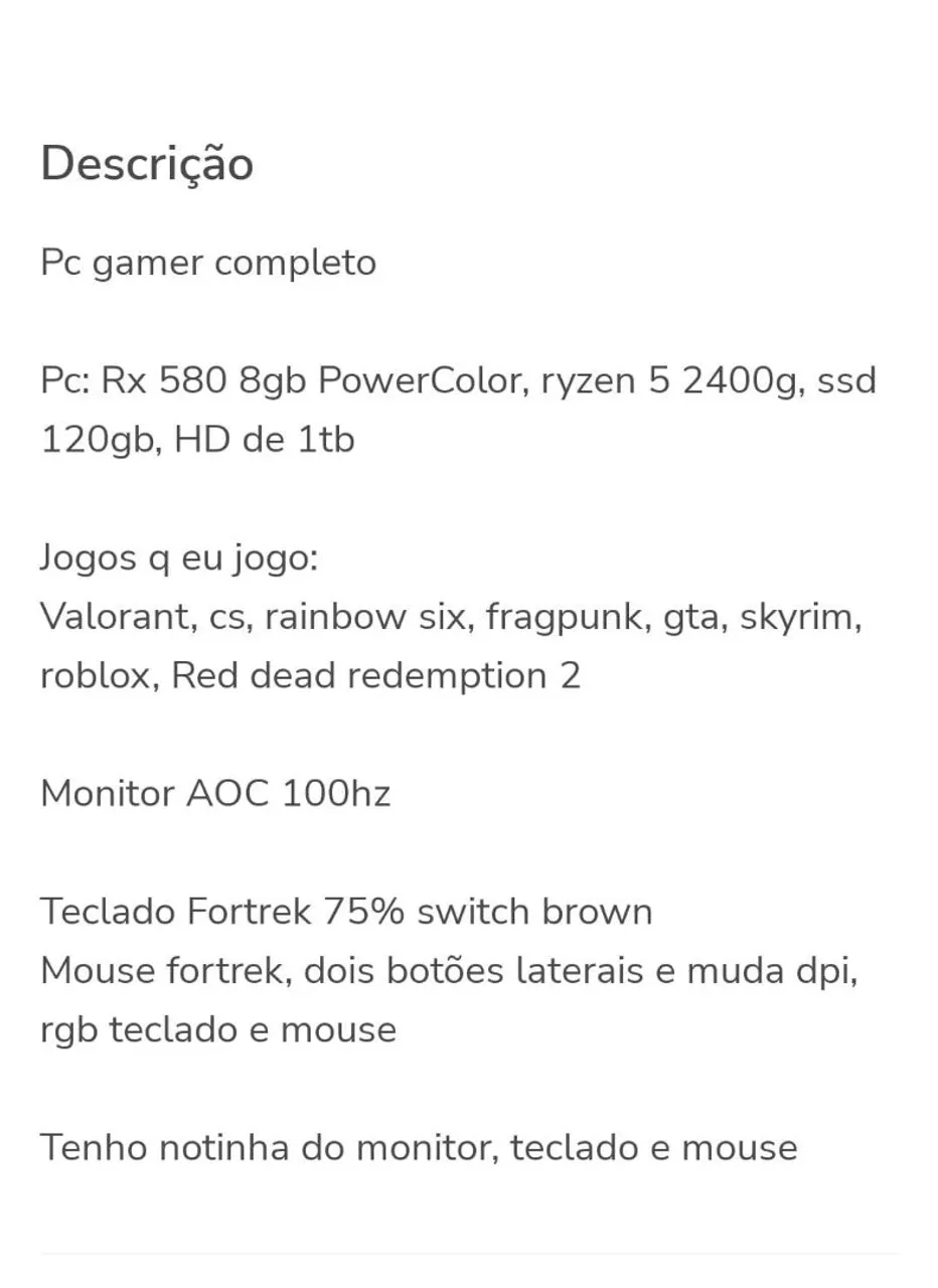 PC Gamer Completo RX 580 + Monitor 100Hz
