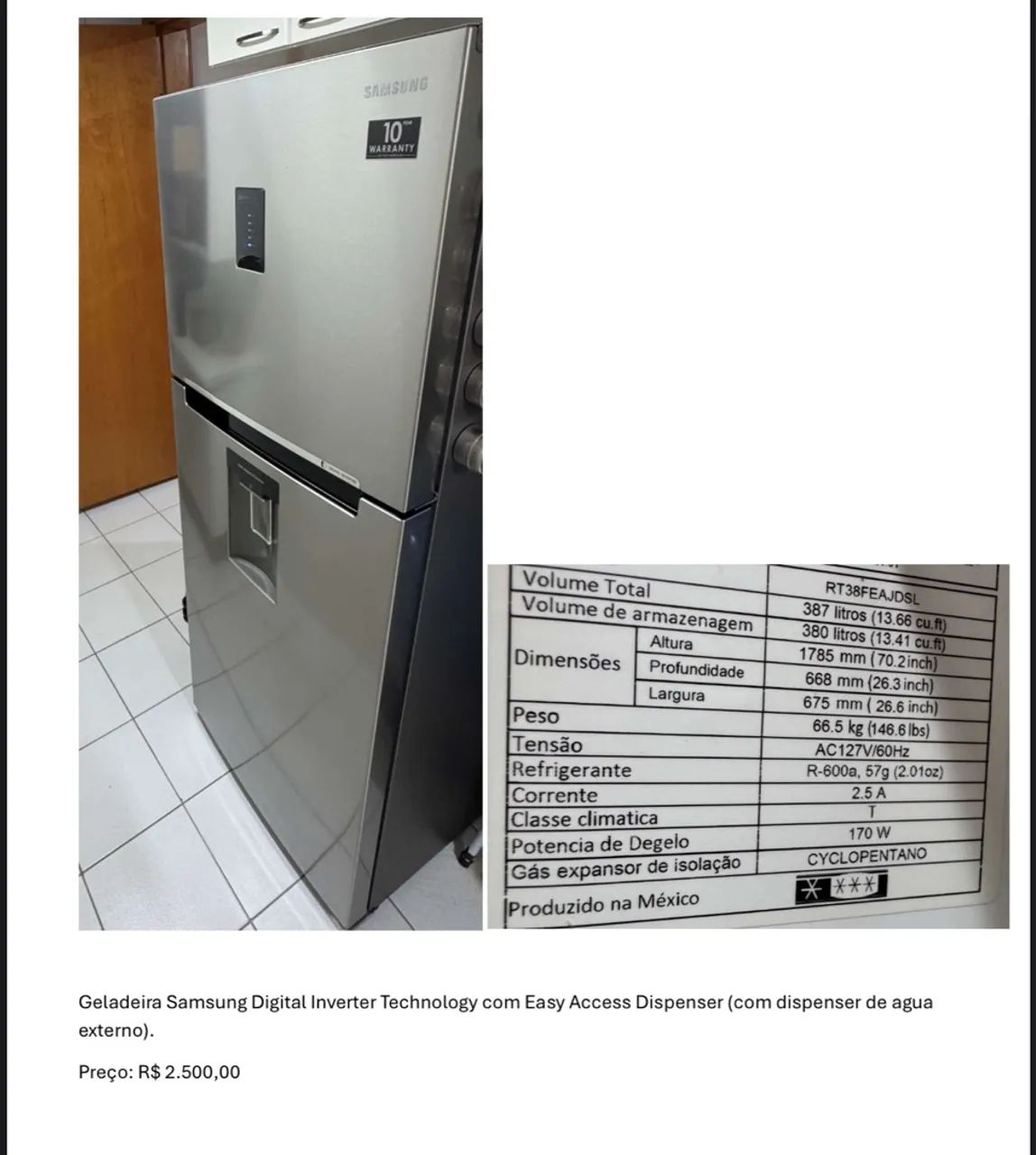 Geladeira Samsung Digital Inverter 387 Litros com Dispenser de Água