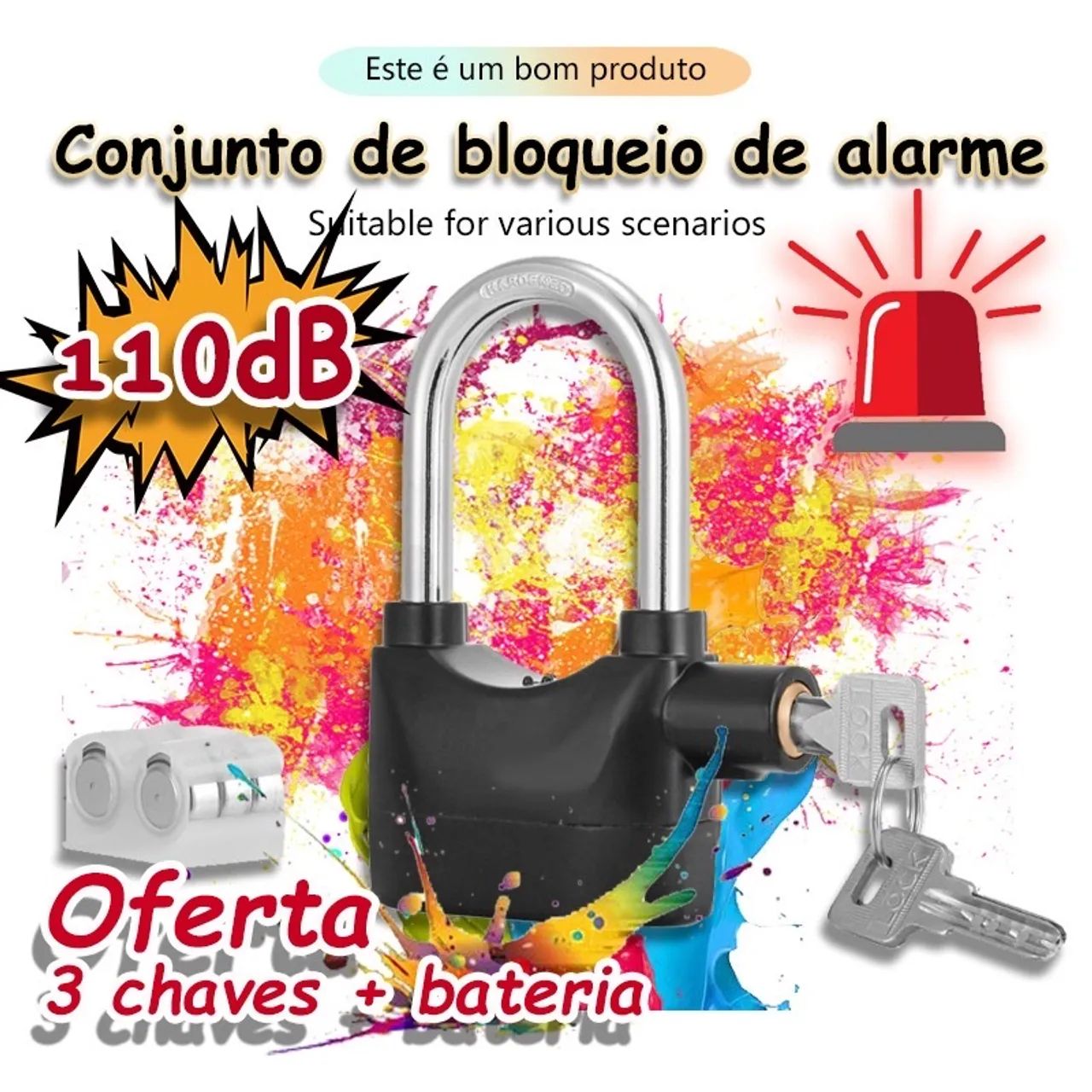 Alarme moto 110dB com 3 chaves e bateria