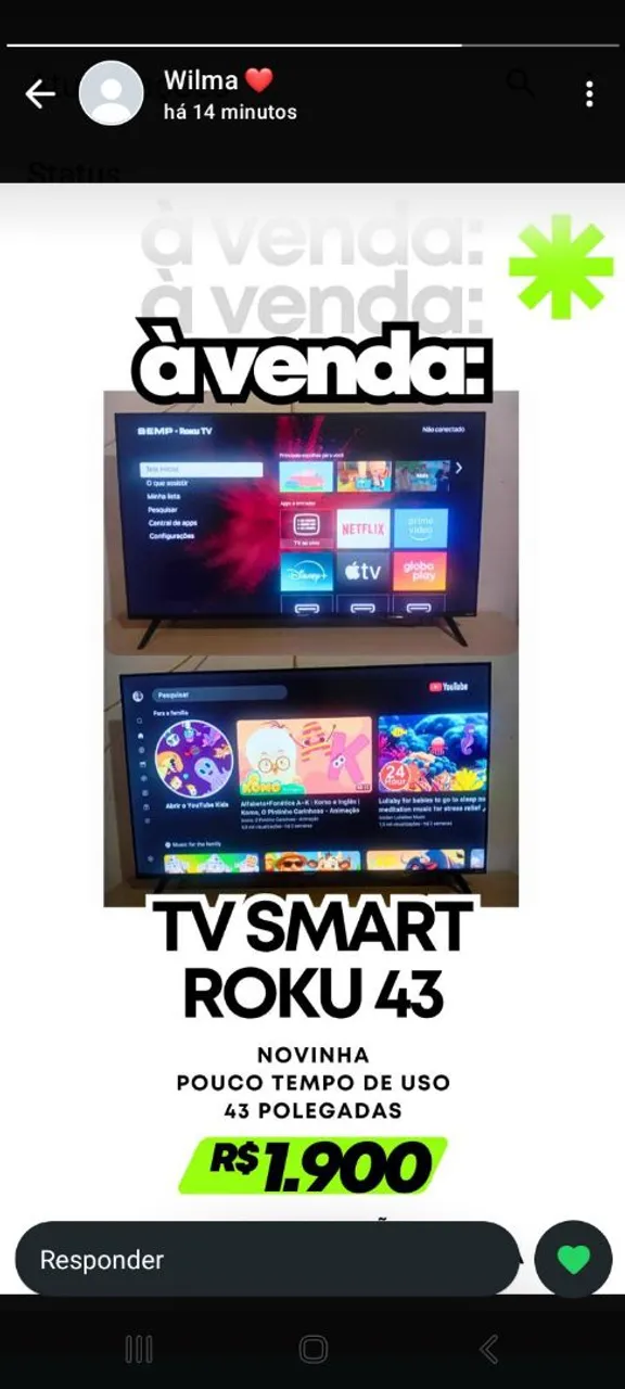 TV Smart Roku 43 polegadas - Pouco Uso!