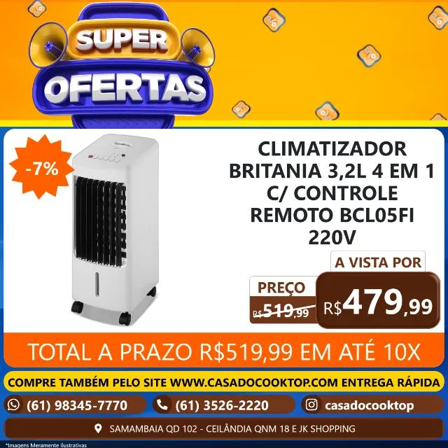 CLIMATIZADOR BRITANIA 3,2L 4 EM 1 C/ CONTROLE REMOTO BCL05FI 220V 066252014