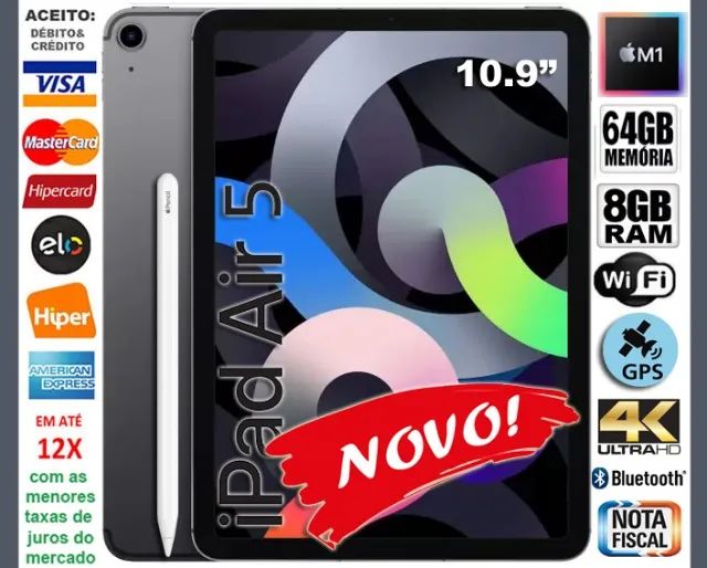 Tablet iPad Air 5 M1 64GB Tela 10.9" Wi-Fi, GPS +Apple Pen2, Novo, Caixa, NF, Gar, Troco!