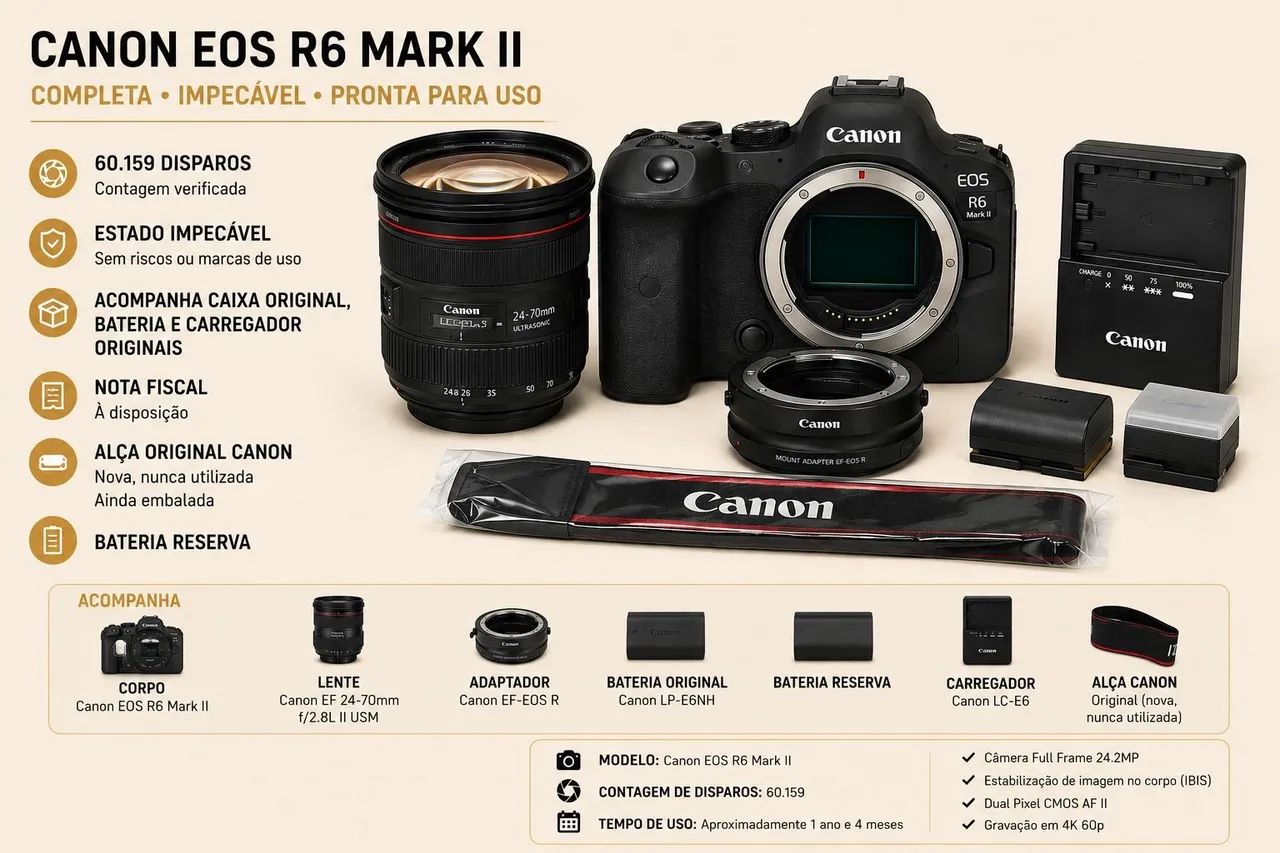 KIT Câmera Canon EOS R6 + Lente Canon EF 24-70mm + adaptador EF