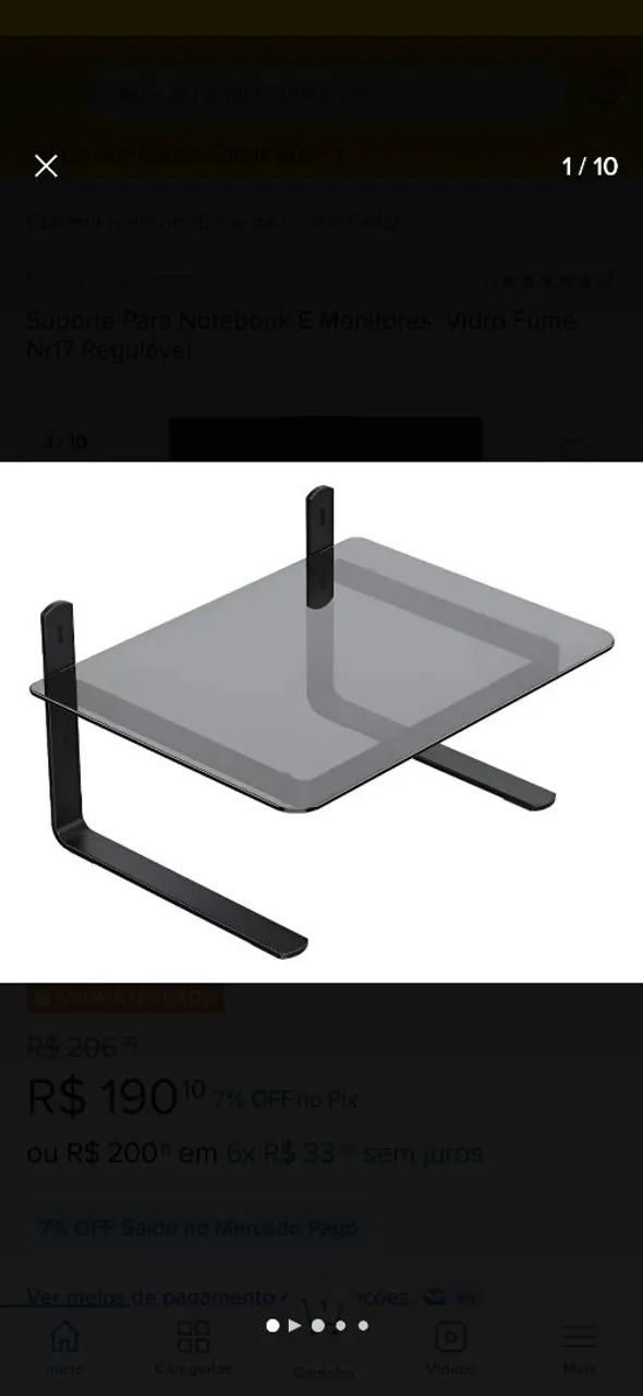 Suporte Para Monitor Office Vidro Altura Ajustável Cor Preto/incolor