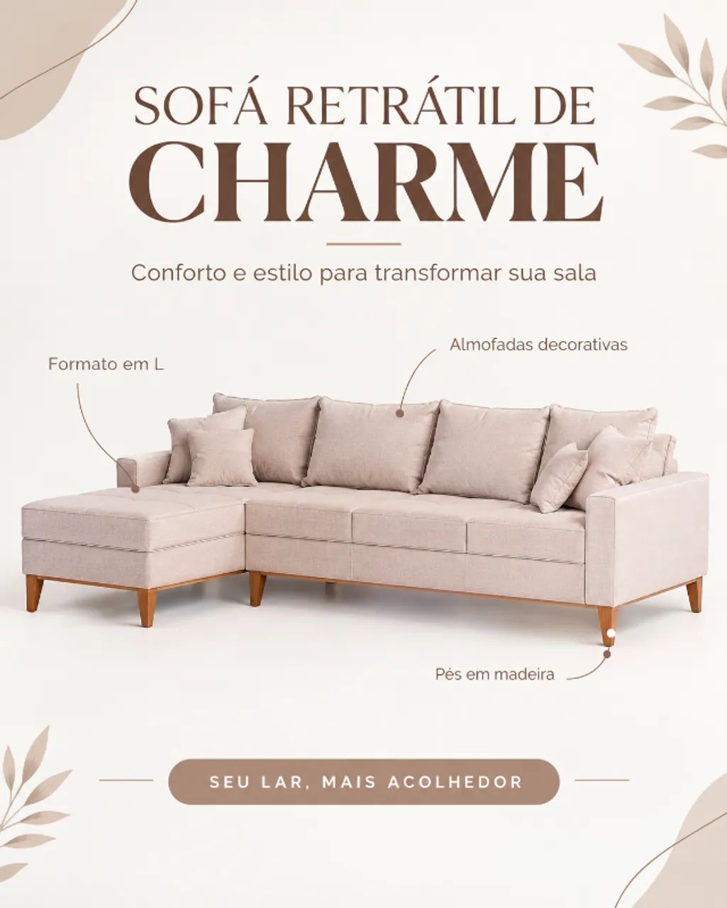 Sofá 4 lugares beny com chaise esquerda ou direito linho cru
