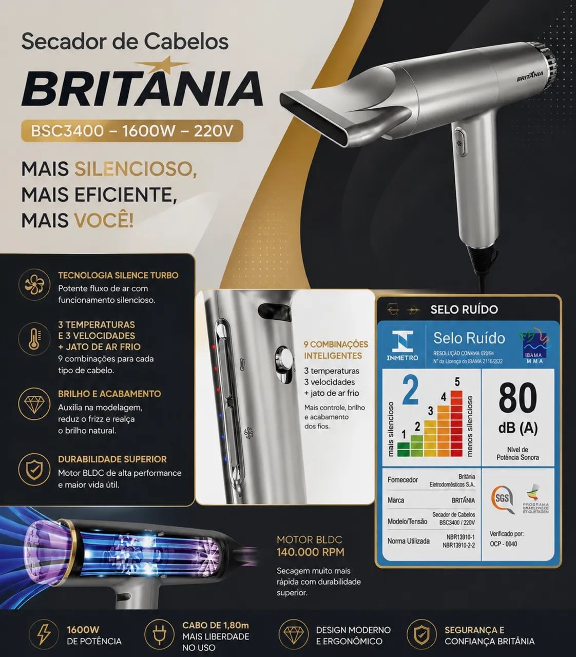 Secador de Cabelos Britânia Mais Silencioso 1600W BSC3400 220V