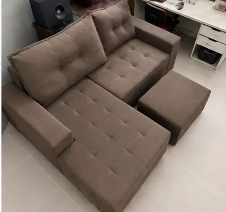 Jogo de Sofá de canto com almofadas seminovo chaise e puf  - Foto 3