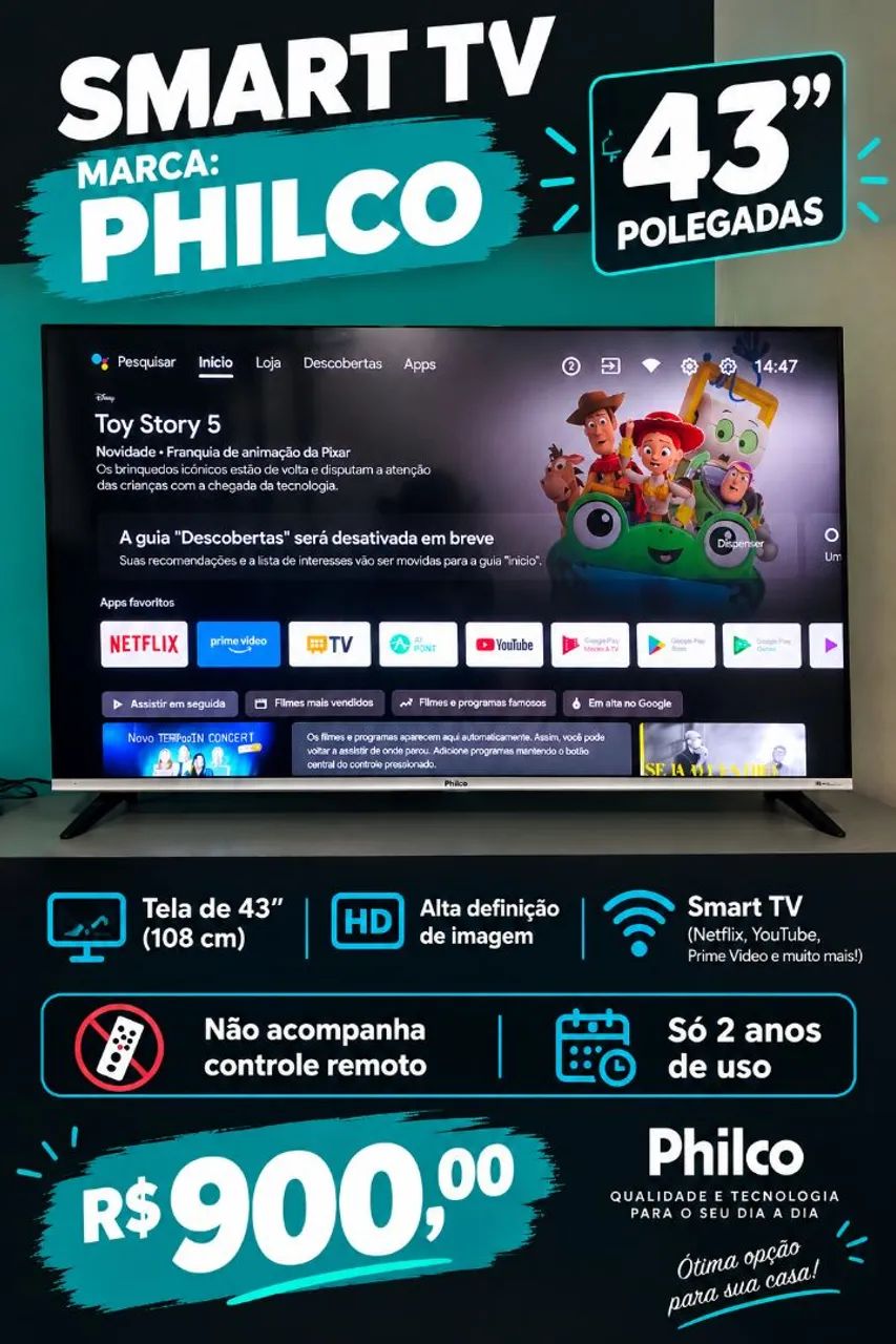 Vendo SMART TV PHILCO de 43 polegadas 