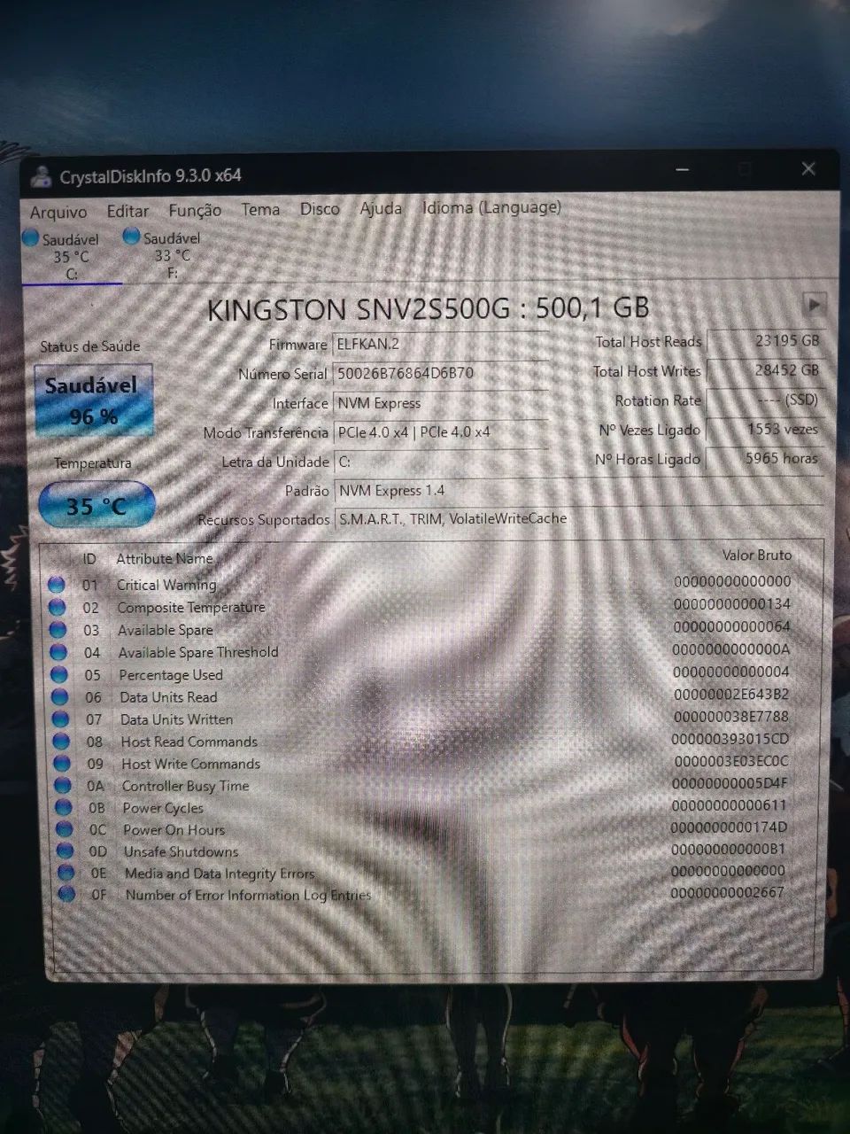 Memória Ram / Kingston NV2 500GB M.2 NVMe PCIe 4.0 - Impecável (96% Saúde)