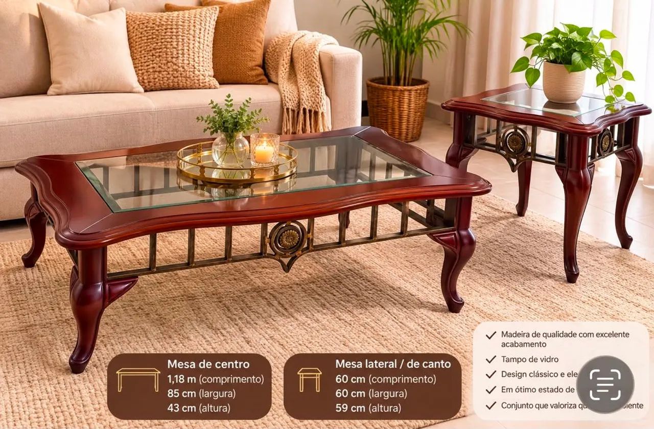 Conjunto de Mesa de Centro + Mesa Lateral Clássicas em Madeira Maciça com Tampo de Vidro - Foto 2