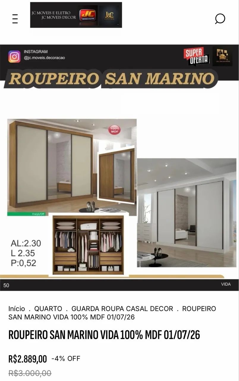 ROUPEIRO SAN MARINO COM ESPELHO MDF
