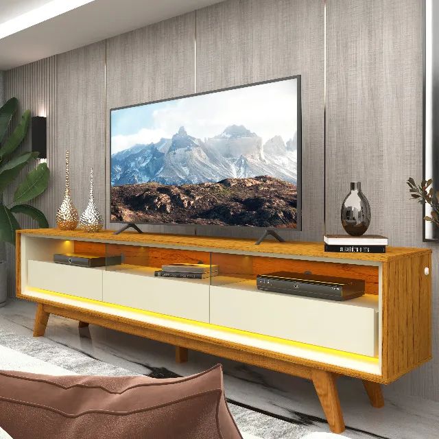 RACK 100% MDF 3 GAVETAS COM LED E PÉS EM MADEIRA MACIÇA 