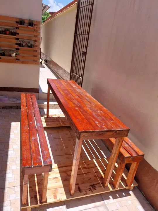 1 Mesa de madeira rústica + bancos 2m X 50cm - Foto 4