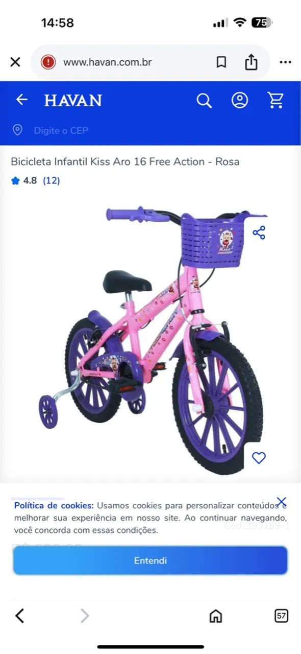 Bicicleta Infantil Kiss Aro 16 Free Action - Rosa