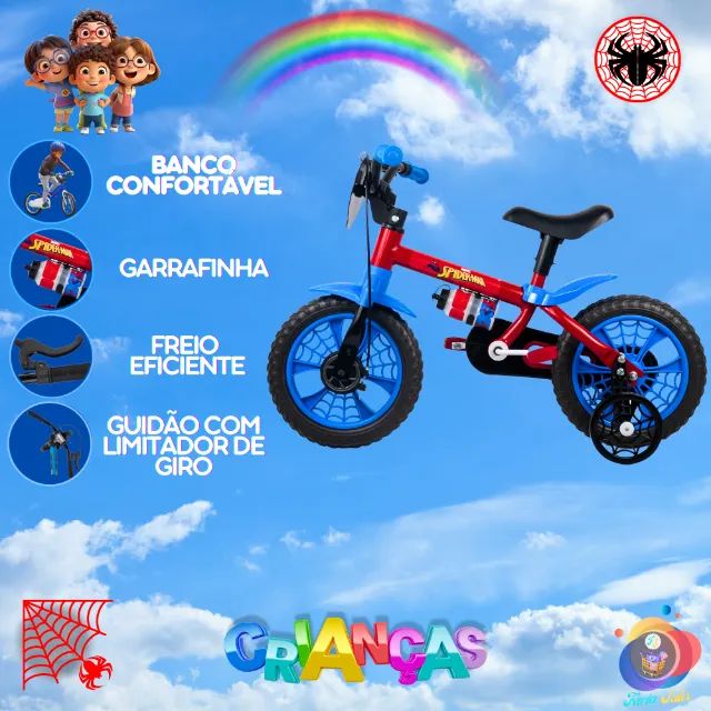 Bicicleta Infantil Homem Aranha Aro 12 Com Rodinhas e Garrafinha Nathor Crianças (Azul e - Foto 2