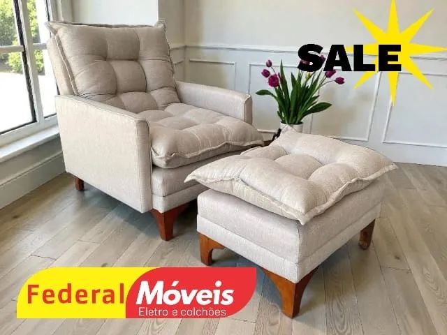Poltrona c/ Puff em Linho Bege e Cinza CAMPEAO EM VENDAS
