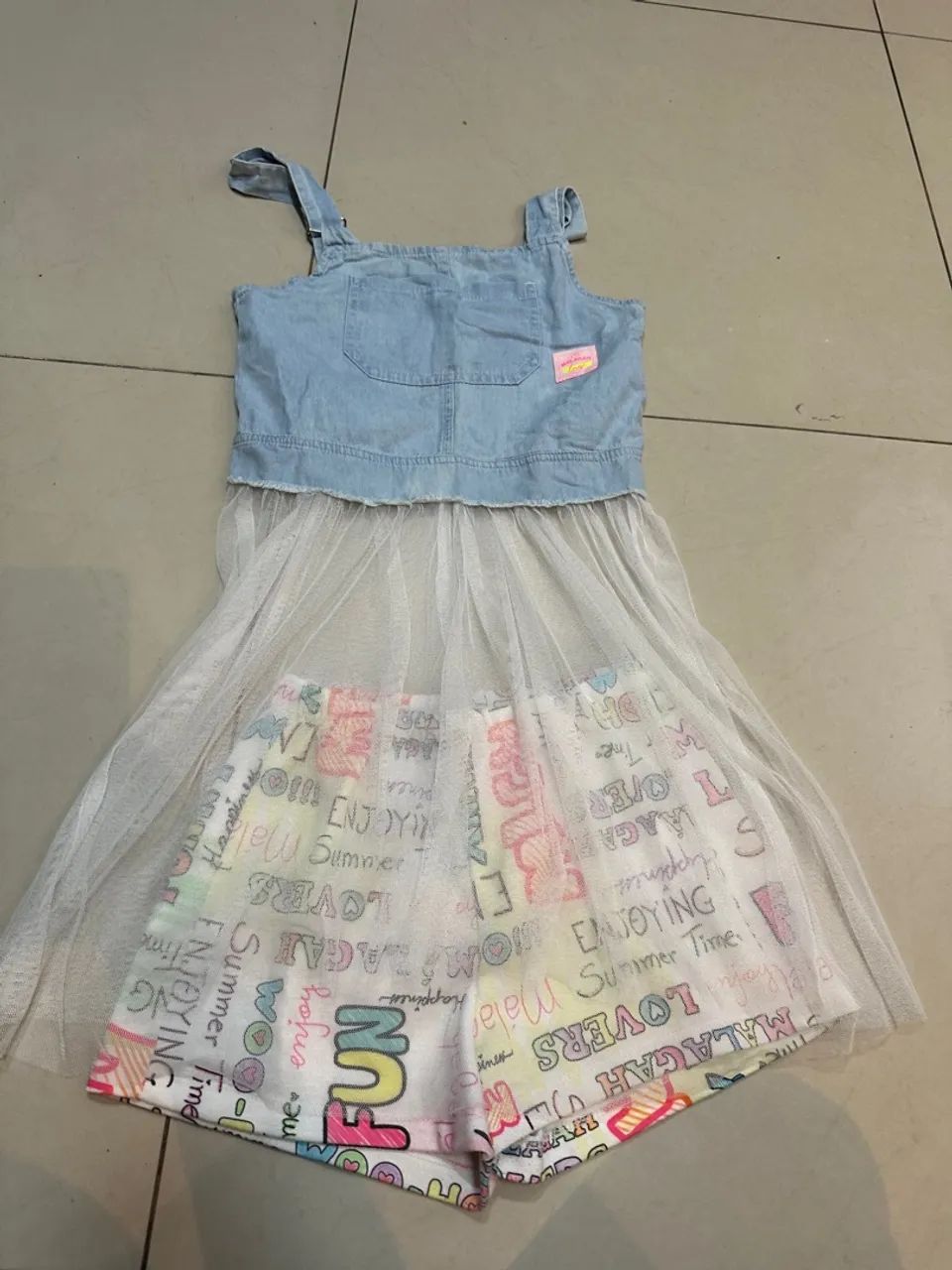 Conjunto Infantil blusa jeans com tule e short em algodão TAM 10 anos