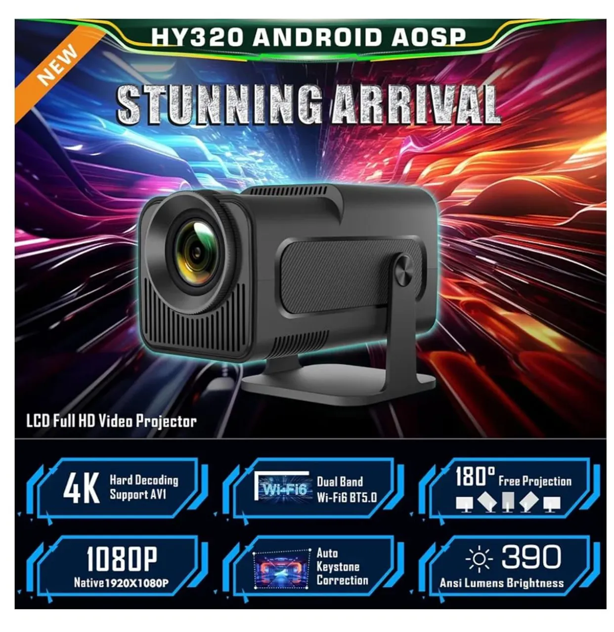 Projetor Android HY320 4K 1080P 390 ANSI Lumens